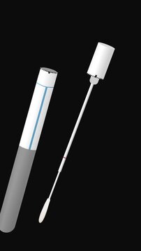 High contrast medical animation of swab and tube against deep black background, creating dramatic visual for laboratory testing and sterile sampling procedures in modern healthcare.