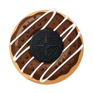 Chocolate Glazed Donut with White Icing Drizzle and Oreo Cookie Center, Isolated Vector Illustration for Food Design and Branding