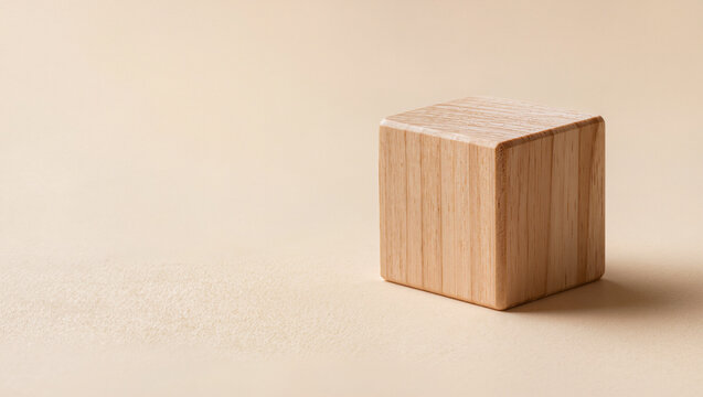 Minimalist Wooden Block on Beige Background with Copy Space