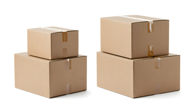 Cardboard Boxes Ready for Shipping: A close-up view presents a stack of brown cardboard boxes. Each box is sealed with tape, suggesting readiness for packing, shipping, or moving.