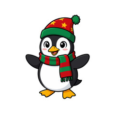 Obraz premium Festive Penguin Wearing Red Star Hat and Green Scarf, Cartoon Illustration Isolated on Transparent Background for Holiday Design