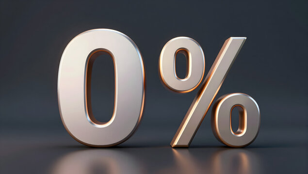 Zero Percent: A close-up shot of the number 0 with a percentage symbol, in a metallic finish, against a dark backdrop. Illustrating the concept of zero percent or no percentage.