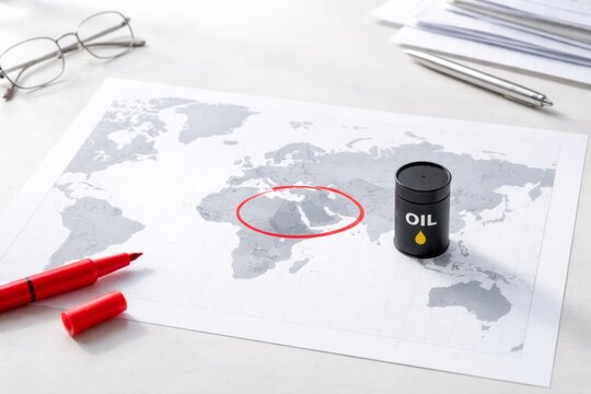 Oil crisis concept with fuel barrel and world map highlighting Middle East