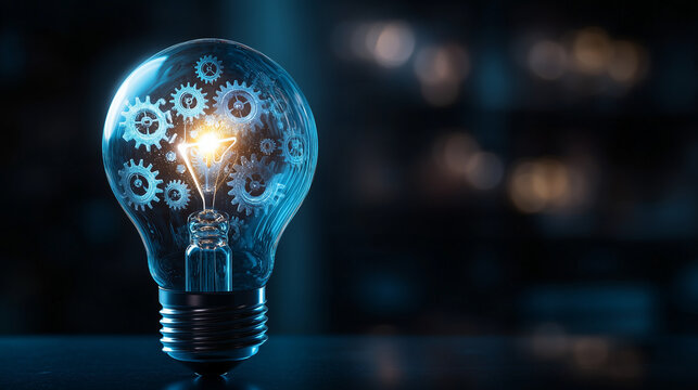 Innovation concept, glowing light bulb with gear wheels inside, creativity and idea symbol, dark background, blue tones, professional stock photo