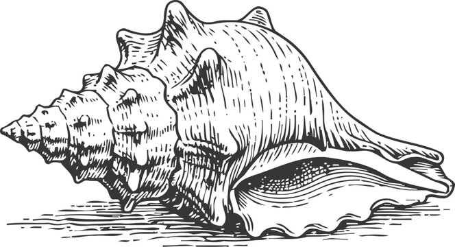 Detailed hand drawn sea conch shell illustration with textured lines and natural shading