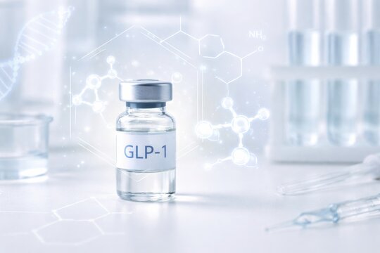 GLP1 vial on laboratory table with scientific molecular structures