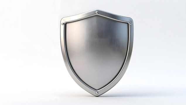 Shining Shield of Protection: A sleek, metallic shield stands isolated, embodying concepts of defense, security, and safeguard. The polished surface catches the light.