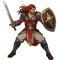 Obraz premium Red-Haired Knight Warrior Holding Sword and Shield Vector Illustration, Medieval Fantasy Character Isolated on Transparent Background