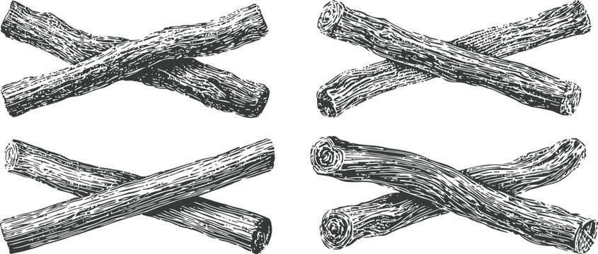 Natural wooden branches bundle hand drawn rustic wood logs illustration set vintage nature elements collection