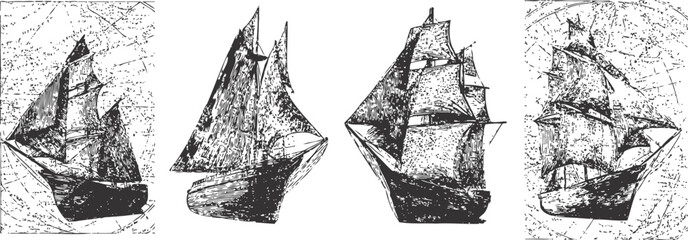 Naklejka premium Vintage sailing ship illustrations old maritime vessels with detailed rigging and masts nautical sketch set on textured paper