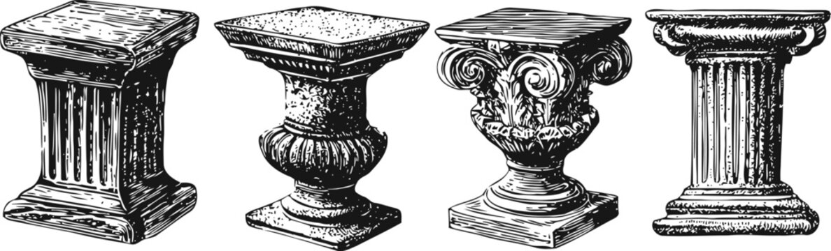 vintage classical architectural pedestal columns ornate antique stone bases with detailed carvings and fluted designs for sculpture or decor