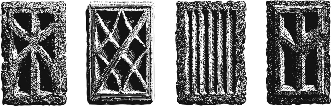 Four ancient runic stone tablets with engraved symbols in black and white illustration