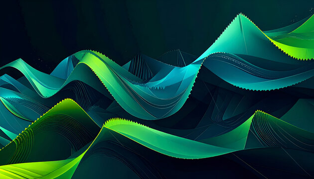 A vibrant, abstract digital artwork showcases undulating, glowing green and blue forms against a dark, textured background, creating a sense of dynamic movement and futuristic design.
