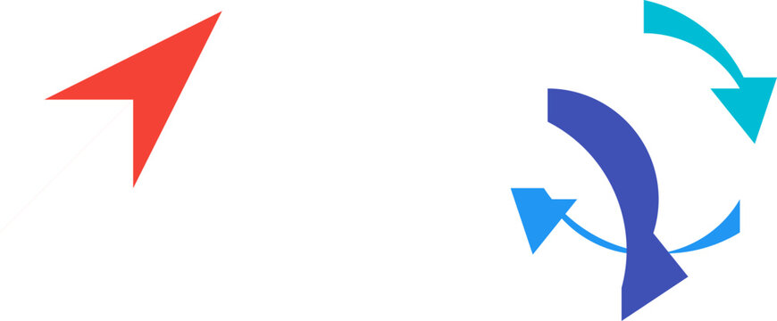 A red diagonal pointing arrow and blue rotating circular arrows isolated on a white background.