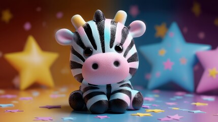 Fototapeta premium Adorable peluche zèbre aux rayures noires et blanches dans un décor coloré