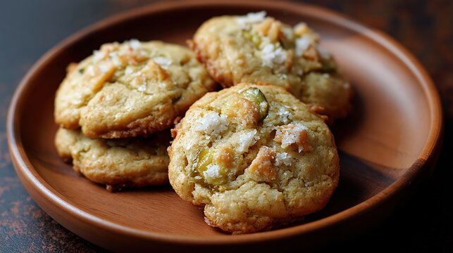 Cookies aux pistaches et flocons de sel sur assiette en bois rustique