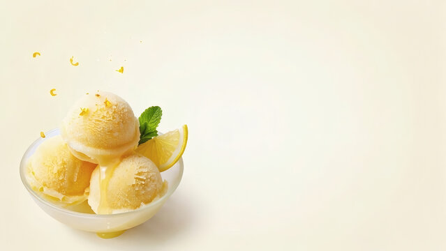 Coupe de sorbet au citron entour&eacute; de zest sur fond jaune pastel, pr&eacute;sentation pour restaurant ou marque de glace 
