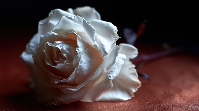 Une rose blanche d&eacute;licate pos&eacute;e sur une surface en bois avec &eacute;clairage