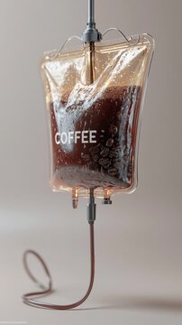 Poche de perfusion d&eacute;tourn&eacute;e contenant du caf&eacute; avec grains visibles