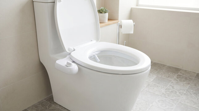 Modern toilet with bidet attachment in clean bathroom environment  