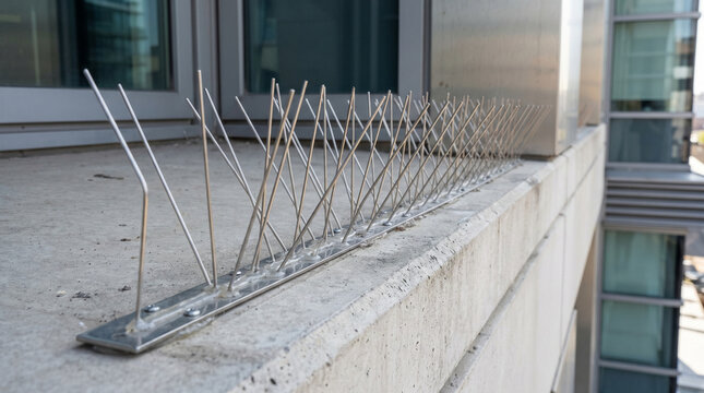 Bird spikes installed on concrete building ledge to deter pests  