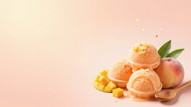 pr&eacute;sentation excentr&eacute;e d&eacute;licieuse sorbet mangue p&ecirc;che sur fond p&ecirc;che studio  