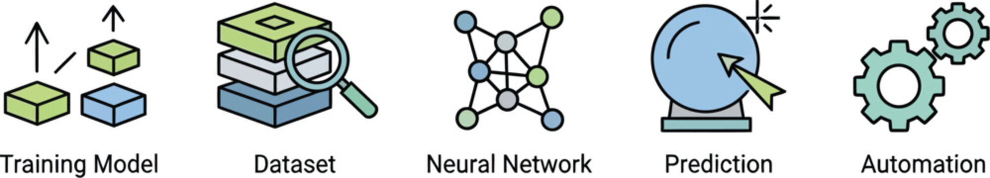 Artificial intelligence icons display modern machine learning workflows.
