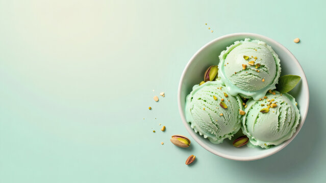 Coupe de glace pistache vue de dessus sur fond vert pastel. Photo-r&eacute;aliste studio | flat lay. 