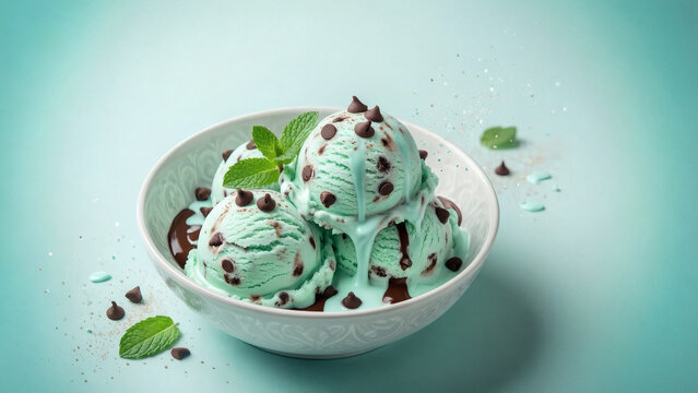 Pr&eacute;sentation d'une coupe de glace menthe chocolat sur fond vert pastel. Eclairage studio, photographie culinaire. 