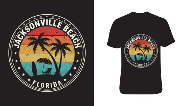 Retro sunset design on black t shirt featuring jacksonville beach logo with palm trees and vibrant colors