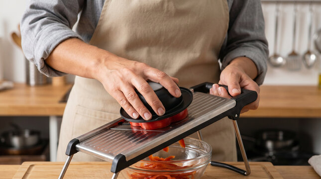 Man using a mandoline to slice vegetables in modern kitchen  