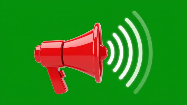 3D red megaphone amplifying sound waves on vibrant green background for communication
