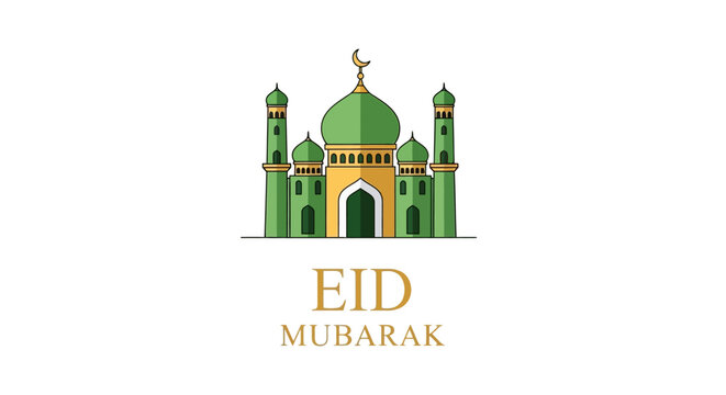 Eid Mubarak greeting card with green mosque illustration