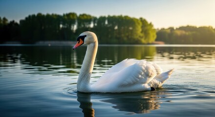 Fototapeta premium Elegant White Swan Gracefully Gliding on Calm Lake Water.