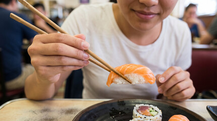 Fototapeta premium Woman using chopsticks to eat sushi at a restaurant table 