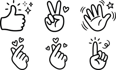 Fototapeta premium Black and white hand gestures including thumbs up peace sign high five finger heart and pointing with sparkles and stars