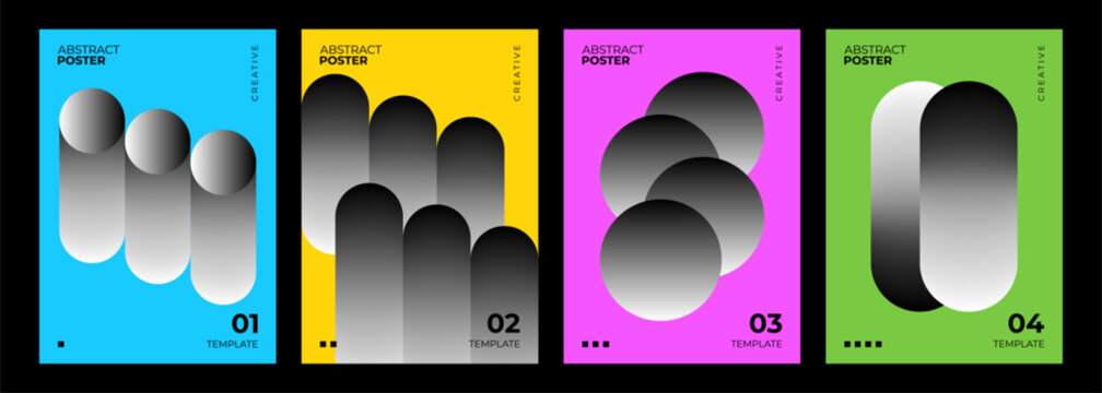 Set of Abstract Posters. Black and white gradient geometric shapes on color background. Creative graphic designs. Vector illustration.