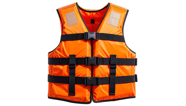 A bright orange life jacket with reflective panels and multiple straps is displayed against a clean white background, emphasizing its safety features.