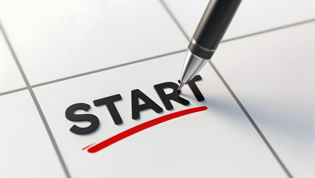 New Beginning: A pen poised to underline the word START on a calendar, symbolizing new beginnings, fresh starts, and the onset of an important project. A visual metaphor for anticipation and planning.