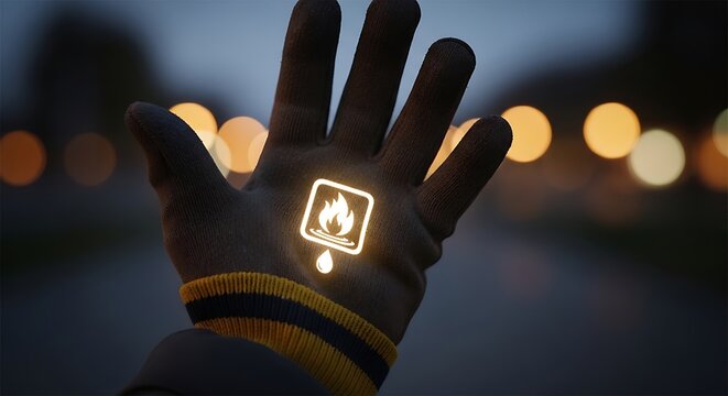 Glowing flammable liquid symbol on black and yellow striped glove at night