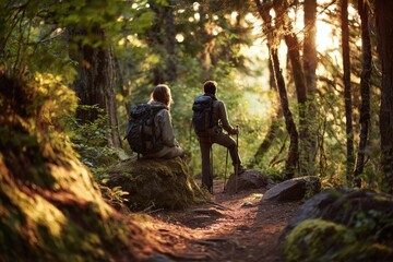 Obraz premium Young hikers pause on a sunlit woodland path with backpacks