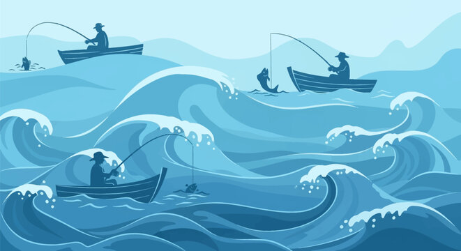 Blue vector illustration of three fishermen in small boats on a wavy ocean, catching fish with rods amidst large cresting waves and white foam in a stylized monochromatic sea.