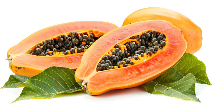 Ripe papayas cut in half revealing black seeds and vibrant orange flesh.