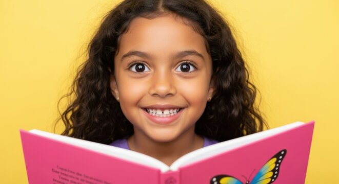 Linda menina com cabelo cacheado sorrindo e segurando um livro rosa em fundo amarelo, conceito de educa&ccedil;&atilde;o, leitura e volta &agrave;s aulas