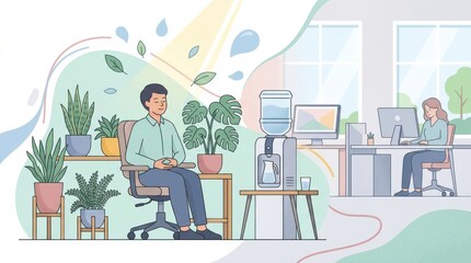 Fototapeta premium Employee Practices Mindfulness at a Workplace Setting With Plants and Water Cooler During a Break for Mental Wellness