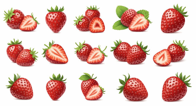 Collection of strawberry illustrations featuring whole red berries and sliced halves with green sepals and leaves, isolated on white background, realistic food icon set for design.
