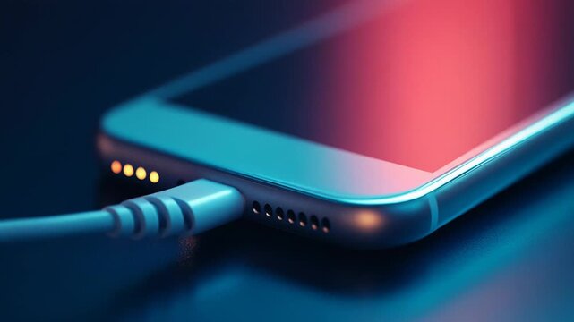 Close-up of a mobile phone connected to a charger with the battery level indicator blinking