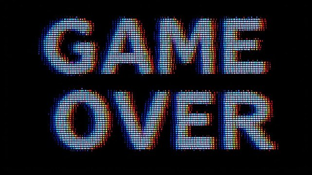 Pixelated game over text with glitch and distortion effects appearing on a retro arcade screen