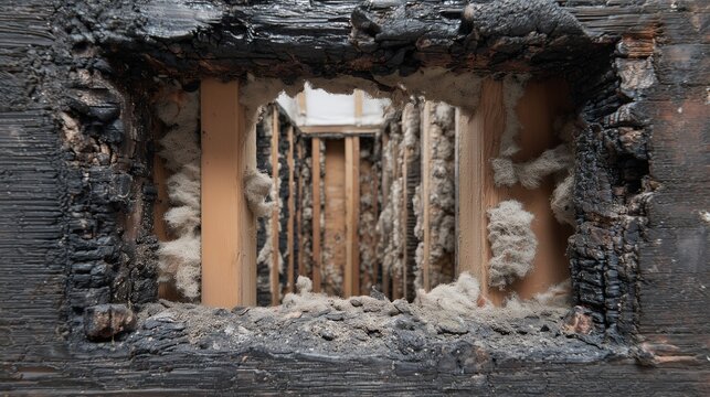 Charred wall opening revealing burned stud framing and insulation after fire, showing structural damage and need for restoration and repair.
