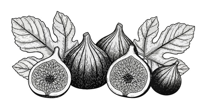 Detailed black and white botanical illustration featuring whole and halved fig fruits with lobed leaves, showing intricate cross-hatching and line art engraving style on white background.
